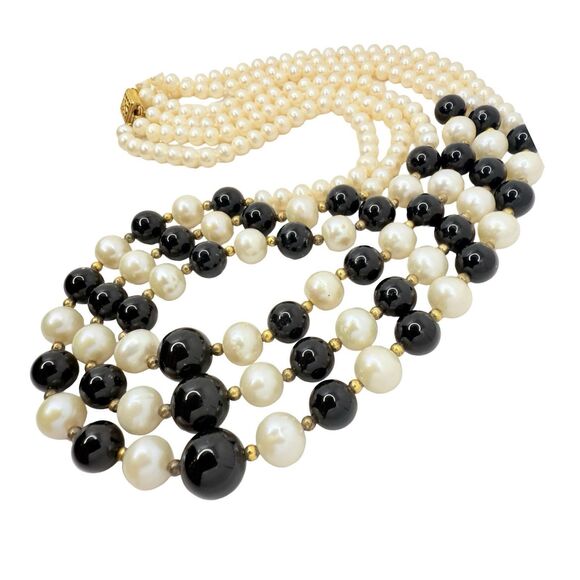 VTG White Pearl & Onyx Multi Strand Necklace 18" Gold Over 925 Sterling Silver - Picture 8 of 12